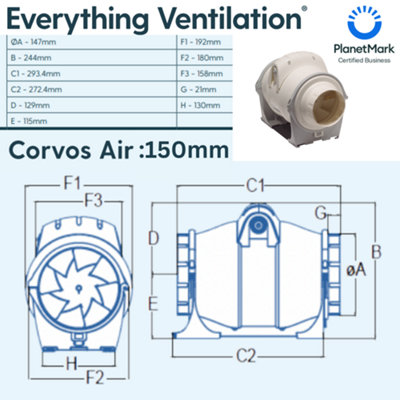 In-Line Mixed Flow Extractor Fan with 2 Adjustable Speed Controls - IP44 Rated (150mm)