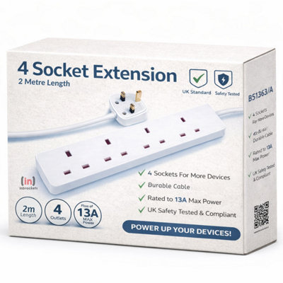 Inbrackets 4 Way Extension Lead Socket Cable 13a Mains White, 2m