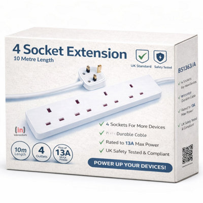 Inbrackets 4 Way Long Extension Lead Socket Cable 13a Mains White, 10m