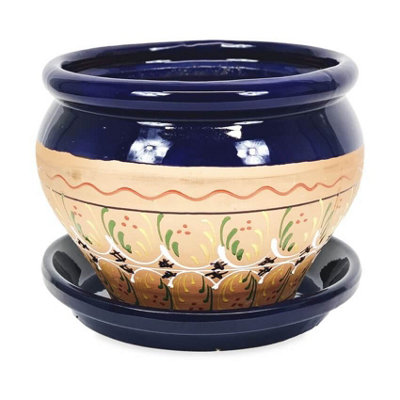 Inca Blue Hand Painted Outdoor Garden Bola Plant Pot & Drainage Plate (D) 25cm