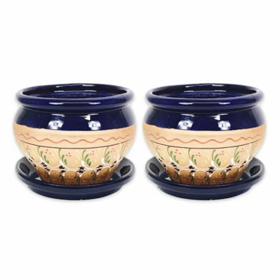 Inca Blue Hand Painted Set of 2 Outdoor Bola Pots & Drainage Plates (D) 25cm