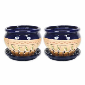 Inca Blue Hand Painted Set of 2 Outdoor Bola Pots & Drainage Plates (D) 25cm