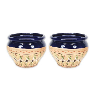 Inca Blue Hand Painted Set of 2 Outdoor Garden Patio Bola Plant Pots (D) 25cm