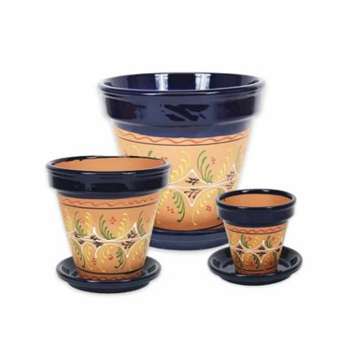 Inca Blue Hand Painted Set of 3 Classic Plant Pots & Drainage Plates (D) 16-29cm