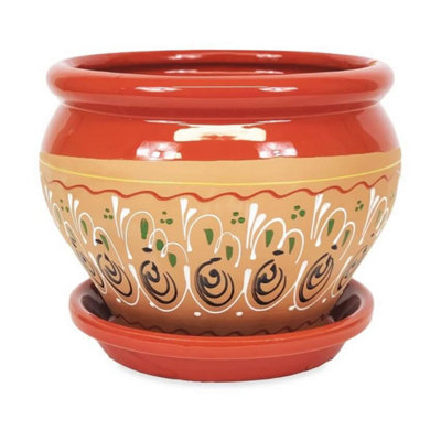 Inca Red Hand Painted Outdoor Garden Bola Plant Pot & Drainage Plate (D) 25cm
