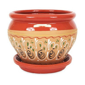 Inca Red Hand Painted Outdoor Garden Bola Plant Pot & Drainage Plate (D) 25cm