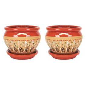 Inca Red Hand Painted Set of 2 Outdoor Bola Pots & Drainage Plates (D) 25cm