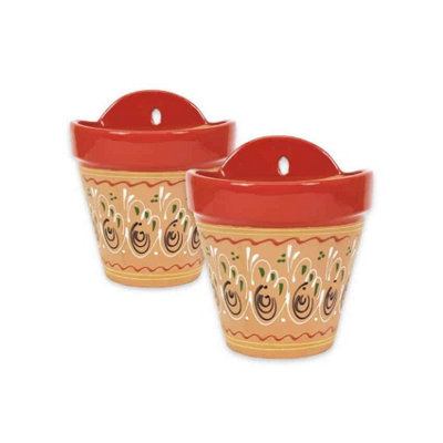 Inca Red Hand Painted Set of 2 Outdoor Garden Hanging Plant Pots (D) 22cm