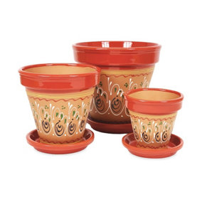 Inca Red Hand Painted Set of 3 Classic Plant Pots & Drainage Plates (D) 16-29cm