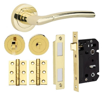 Indiana Bathroom Door Handle Set Thumbturn Hinges and Mortise Lock Polished Brass