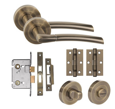 Indiana Design Bathroom Door Handle Set Thumbturn Hinges and Mortise Lock Antique Brass