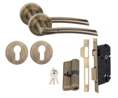 Indiana Design Euro 70mm Key Lock Door Handle Set Euro Lock Antique Brass