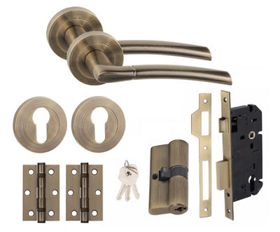 Indiana Design Euro 70mm Key Lock Door Handle Set Euro Lock with Hinges Antique Brass
