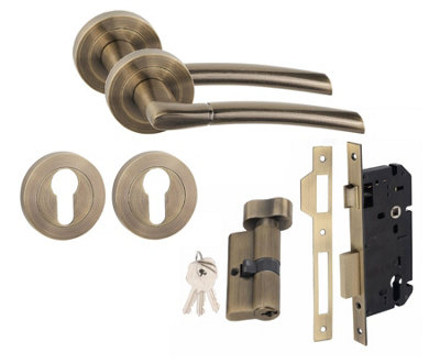 Indiana Design Euro 70mm Thumbturn Door Handle Set Euro Lock Antique Brass