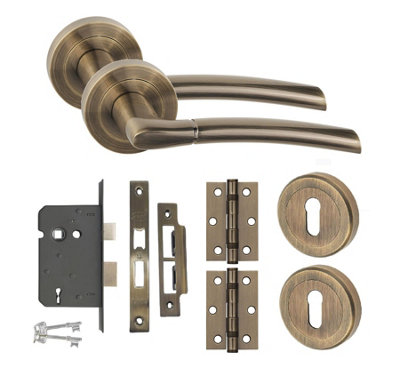 Indiana Design Key Lock Door Handle Set HInges and Mortise Lock Antique Brass