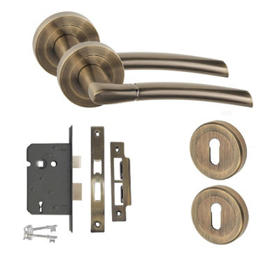 Indiana Design Key Lock Door Handle Set Thumbturn and Mortise Lock Antique Brass