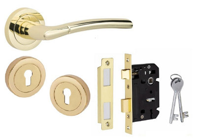 Indiana Design Key Lock Door Handle Set Thumbturn and Mortise Lock Polished Brass