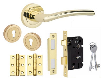 Indiana Key Lock Door Handle Set HInges and Mortise Lock Polished Brass