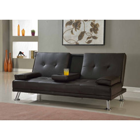 Indiana Sofa Bed Faux Leather Cupholder 3 Seater Chrome Legs, Brown