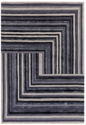 Indigo Striped Wool Handmade Luxurious Modern Abstract Optical/ (3D ...
