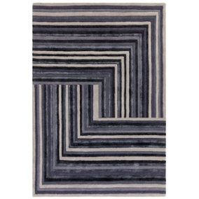 Indigo Striped Wool Handmade Luxurious Modern Abstract Optical/ (3D) Rug Easy to clean Living Room and Bedroom-120cm X 170cm
