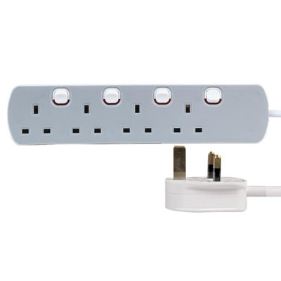 Individually Switched Mains Extension Lead, 4 Gang, 1m, Grey / White