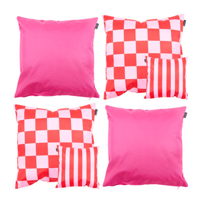 Indoor and Outdoor Waterproof Filled Cushion 2x Checkerboard Pink & 2x Pink