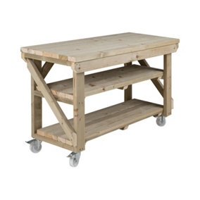 Indoor/outdoor workbench pressure treated station (H-90cm, D-64cm, L-120cm) double shelf and wheels