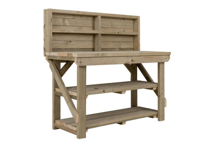 Indoor/outdoor workbench pressure treated station (H-90cm, D-64cm, L-120cm) with back panel and double shelf