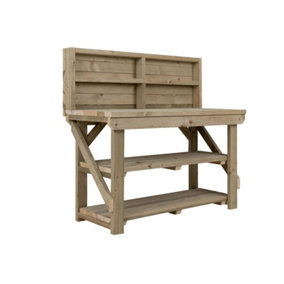 Indoor/outdoor workbench pressure treated station (H-90cm, D-64cm, L-120cm) with back panel and double shelf