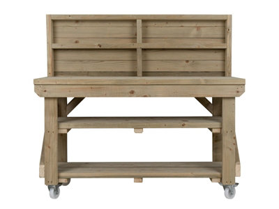 Indoor/outdoor workbench pressure treated station (H-90cm, D-64cm, L-120cm) with back panel, double shelf and wheels