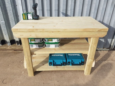 Indoor/outdoor workbench pressure treated station (H-90cm, D-64cm, L-120cm) with double shelf
