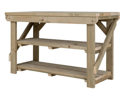 Indoor/outdoor workbench pressure treated station (H-90cm, D-64cm, L-120cm) with double shelf