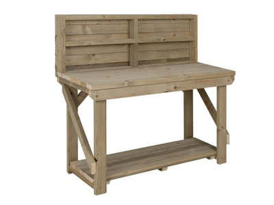 Indoor/outdoor workbench pressure treated station (H-90cm, D-64cm, L-150cm) with back panel