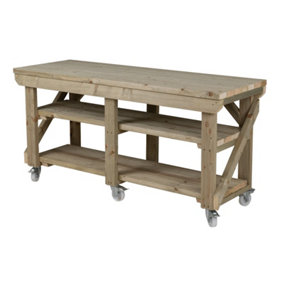 Indoor/outdoor workbench pressure treated station (H-90cm, D-64cm, L-180cm) double shelf and wheels