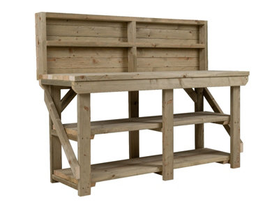 Indoor/outdoor workbench pressure treated station (H-90cm, D-64cm, L-180cm) with back panel and double shelf