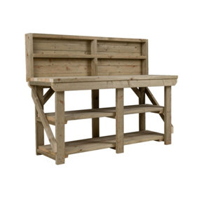 Indoor/outdoor workbench pressure treated station (H-90cm, D-64cm, L-180cm) with back panel and double shelf
