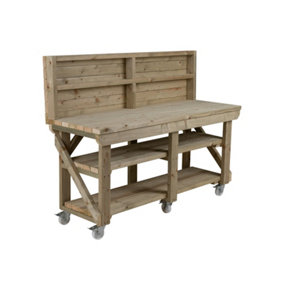 Indoor/outdoor workbench pressure treated station (H-90cm, D-64cm, L-180cm) with back panel, double shelf and wheels