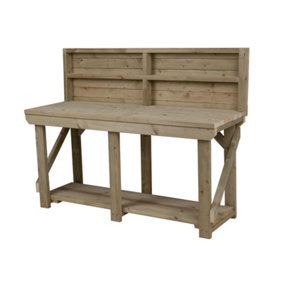 Indoor/outdoor workbench pressure treated station (H-90cm, D-64cm, L-180cm) with back panel