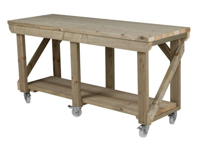 Indoor/outdoor workbench pressure treated station (H-90cm, D-64cm, L-180cm) with wheels