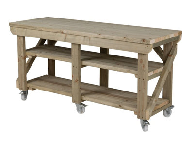 Indoor/outdoor workbench pressure treated station (H-90cm, D-64cm, L-300cm) double shelf and wheels