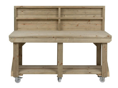 Indoor/outdoor workbench pressure treated station (H-90cm, D-64cm, L-300cm) with back panel and wheels