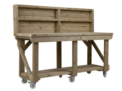 Indoor/outdoor workbench pressure treated station (H-90cm, D-64cm, L-300cm) with back panel and wheels
