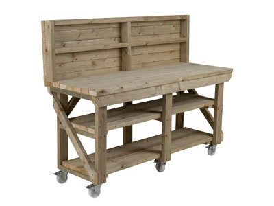 Indoor/outdoor workbench pressure treated station (H-90cm, D-64cm, L-300cm) with back panel, double shelf and wheels