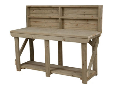 Indoor/outdoor workbench pressure treated station (H-90cm, D-64cm, L-300cm) with back panel