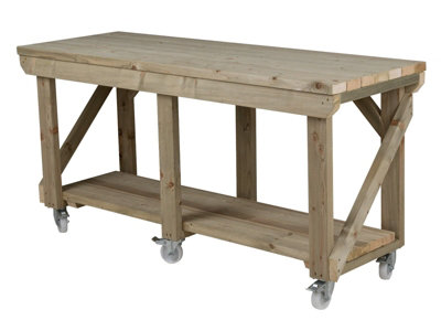Indoor/outdoor workbench pressure treated station (H-90cm, D-64cm, L-300cm) with wheels