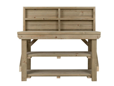 Indoor/outdoor workbench pressure treated station (H-90cm, D-64cm, L-90cm) with back panel and double shelf