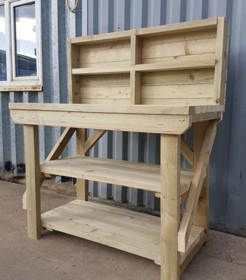 Indoor/outdoor workbench pressure treated station (H-90cm, D-64cm, L-90cm) with back panel and double shelf