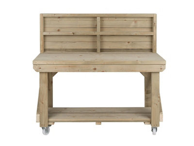Indoor/outdoor workbench pressure treated station (H-90cm, D-64cm, L-90cm) with back panel and wheels