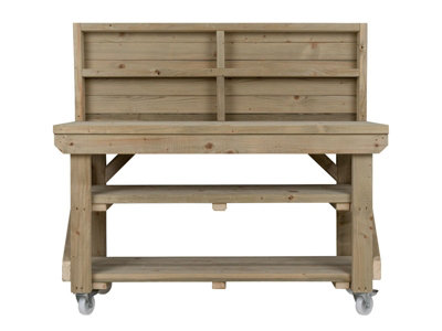 Indoor/outdoor workbench pressure treated station (H-90cm, D-64cm, L-90cm) with back panel, double shelf and wheels